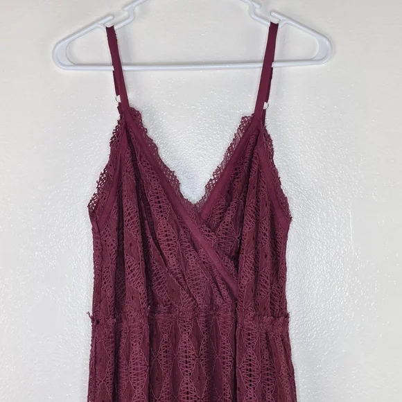 Willow & Root Earth Red Crochet V Neck Adjustible Strap Tiered Maxi Dress Length - Picture 6 of 15